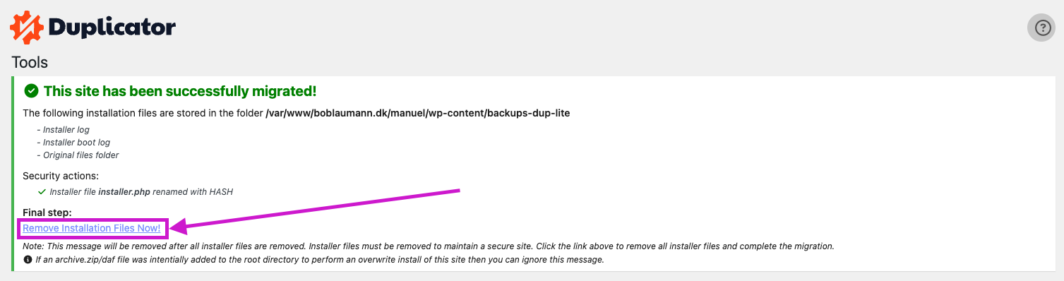 deletion of the duplicator files